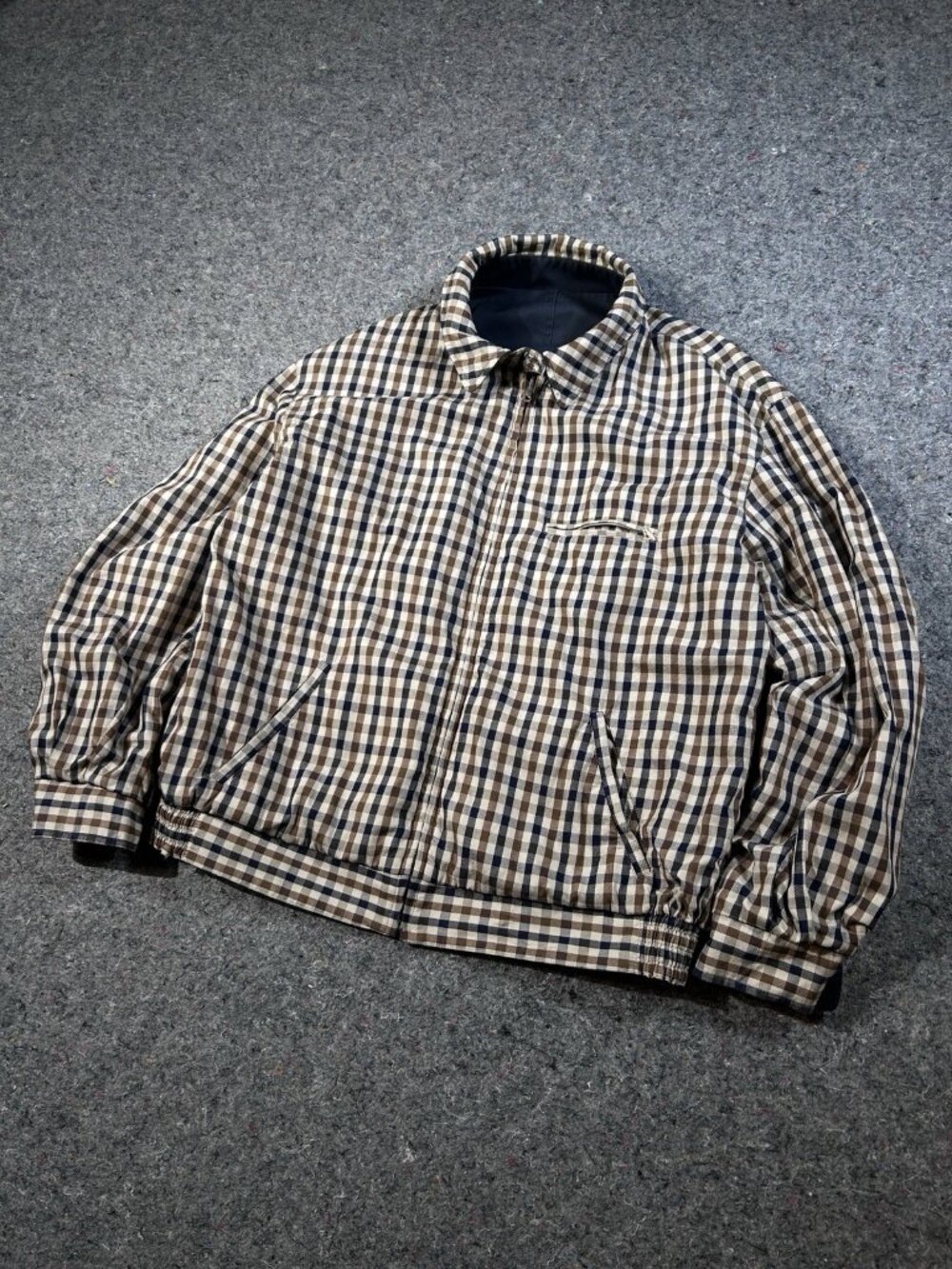 Aquascutum Reversible Harrington Jacket Mens L Navy Tattersall Plaid Zip Up